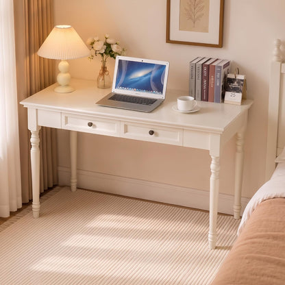 French Country Solid Wood Writing Desk with 2 Drawers Beige Farmhouse Table