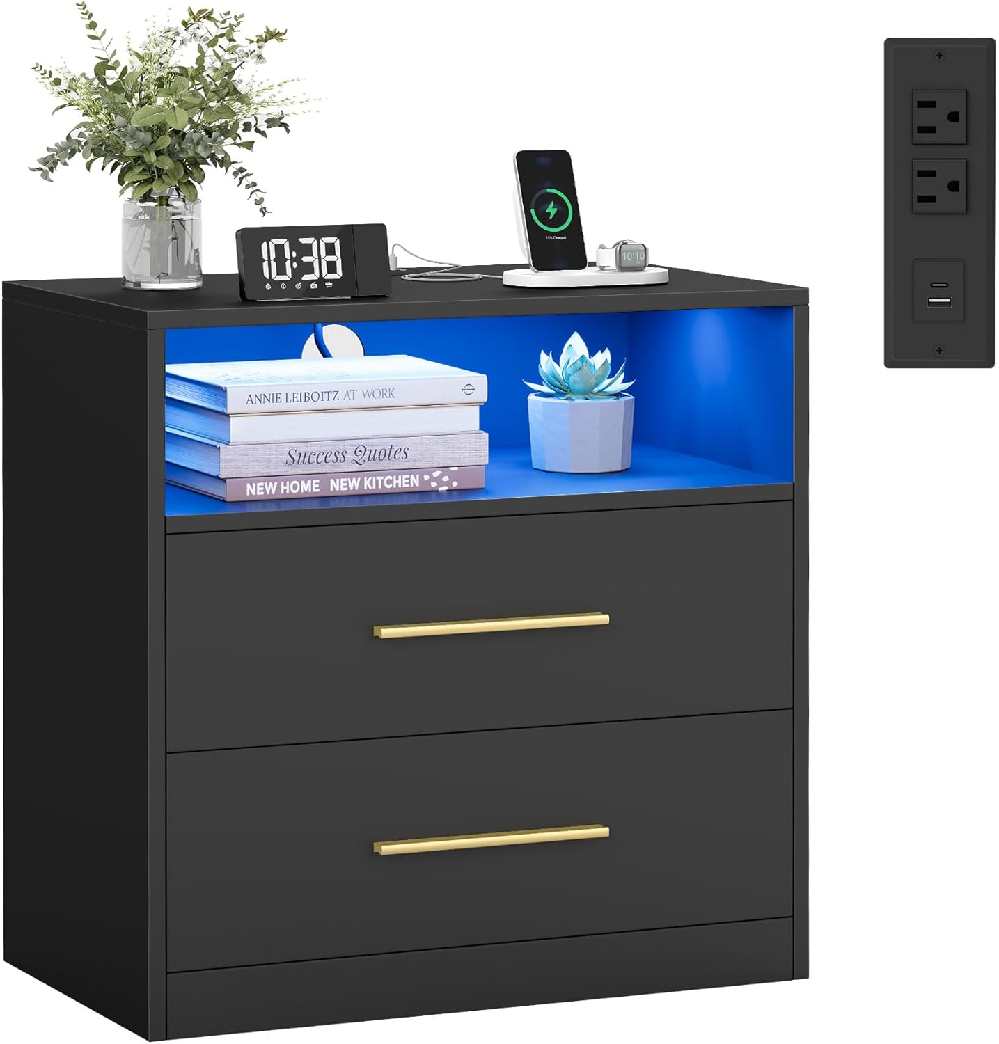 Modern Misty Gray Nightstand with LED Lights & Charging Station – 2-Drawer Bedside Table