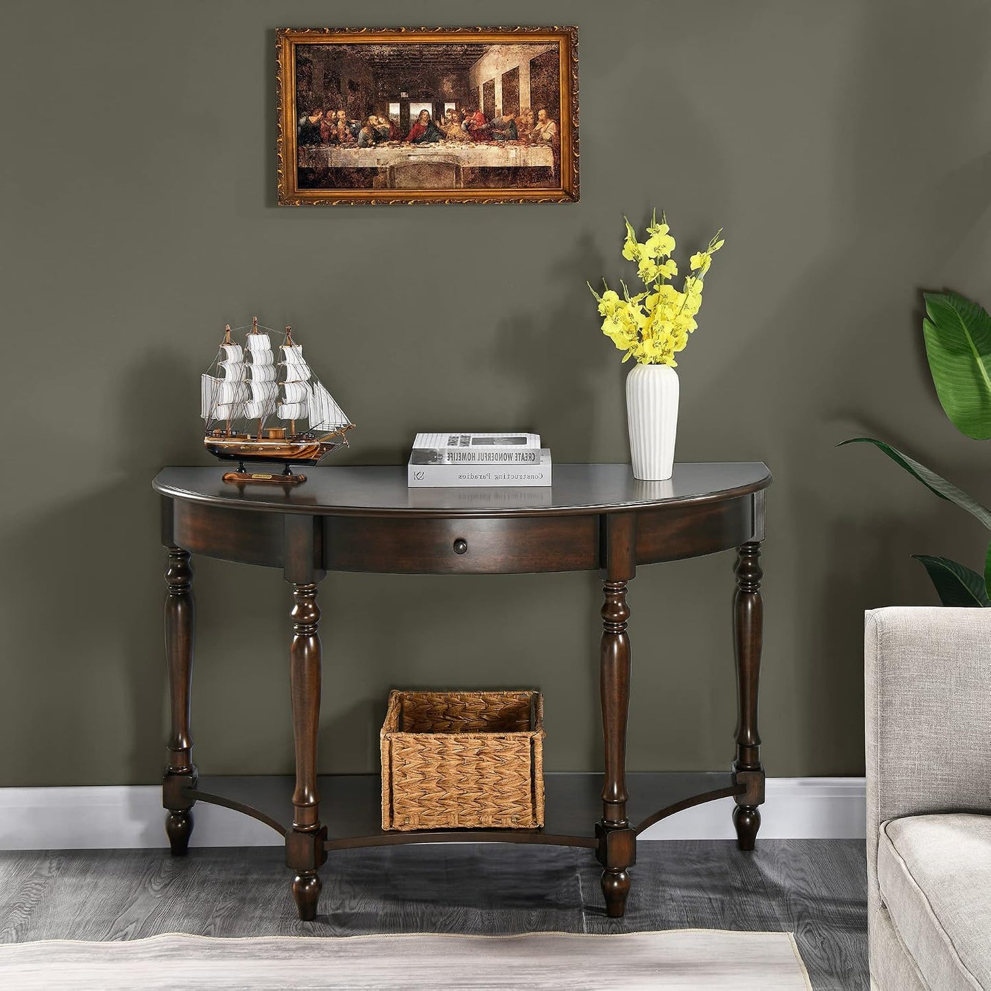 Solid Wood Demi Lune Console Table with Drawer and Storage Shelf