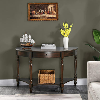 Solid Wood Demi Lune Console Table with Drawer and Storage Shelf