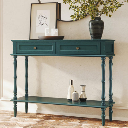 Green Console Table with Drawers Wood Entryway Table with Storage Shelf
