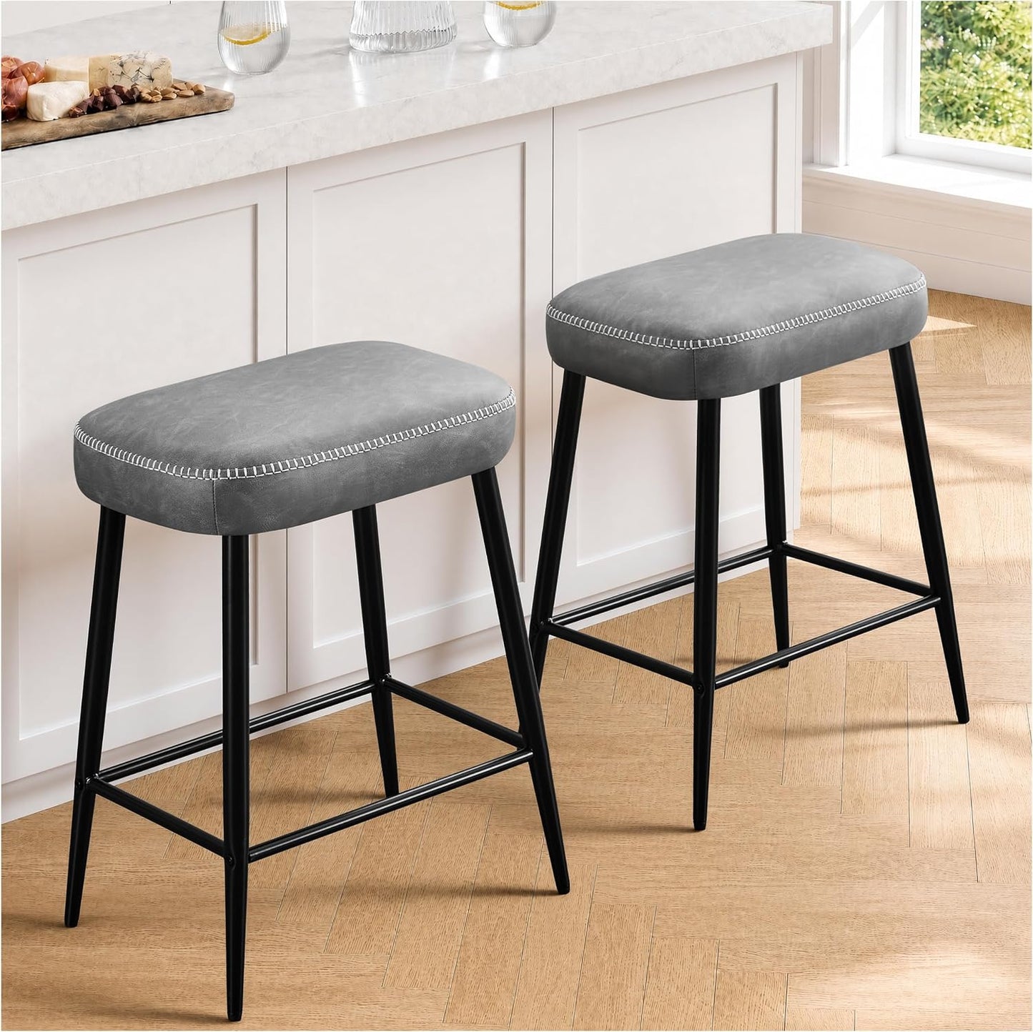 Black Counter Height Bar Stools Set of 2 Upholstered Saddle Seats