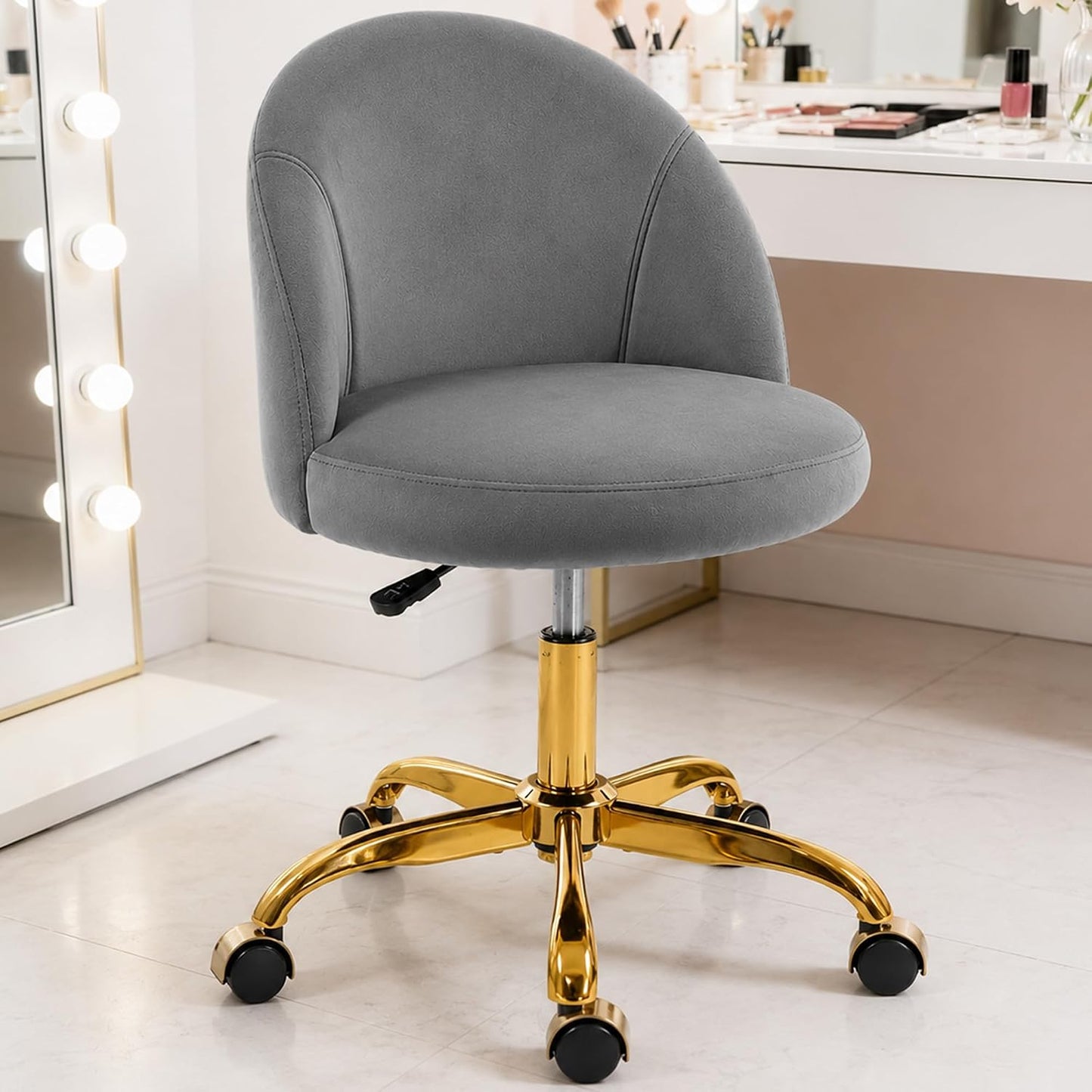 Black Velvet Vanity Chair Gold Base Adjustable Swivel Rolling Desk Chair