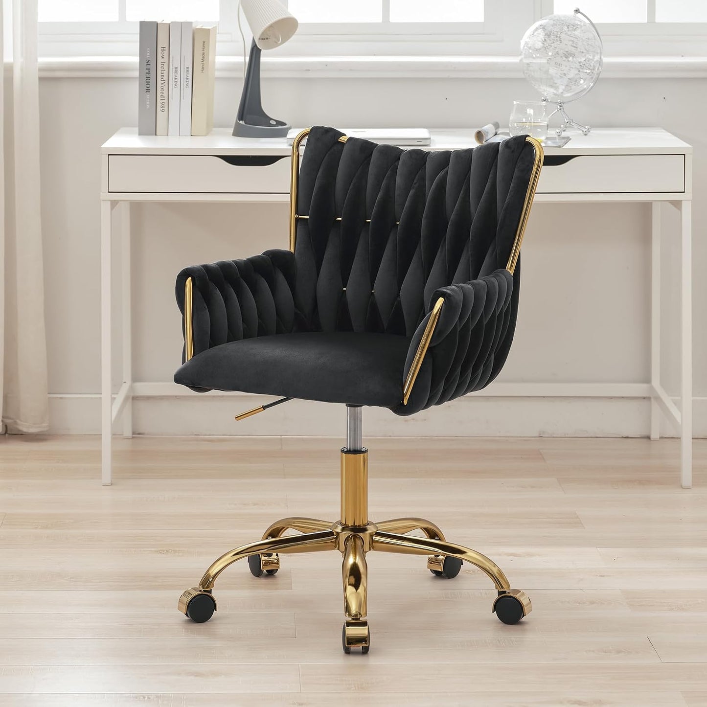 Rose Pink Velvet Vanity Chair Gold Swivel Rolling Office Chair with Wheels