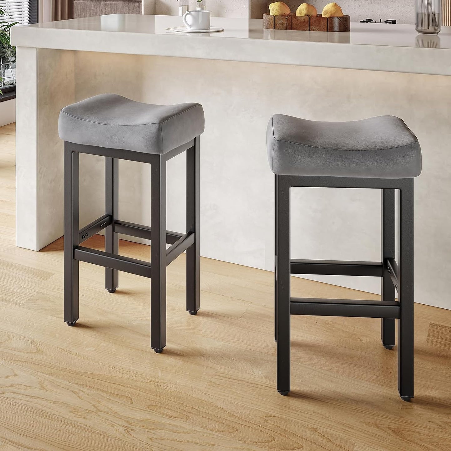 Black Bar Height Stools Set of 2 Upholstered Saddle Kitchen Seats