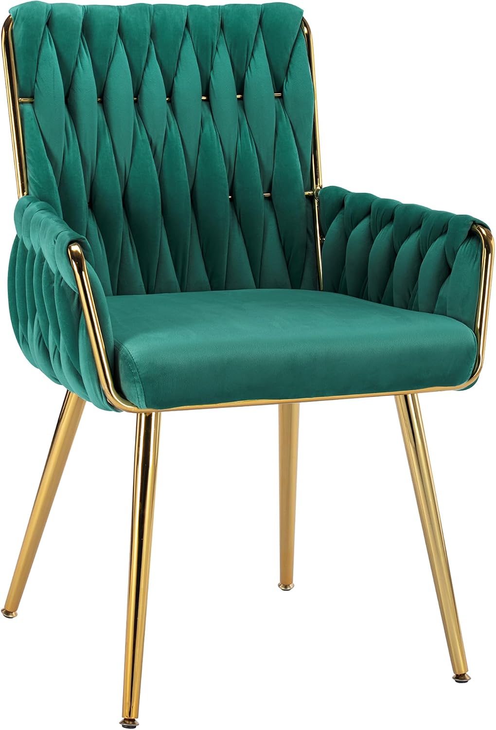 Beige Velvet Vanity Chair Hand Woven Gold Leg Upholstered Accent Chair