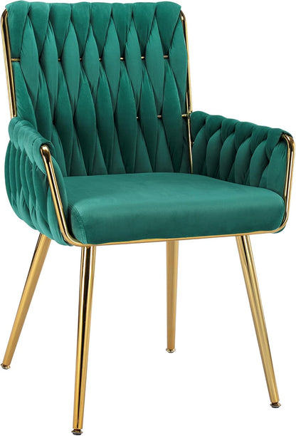 Beige Velvet Vanity Chair Hand Woven Gold Leg Upholstered Accent Chair