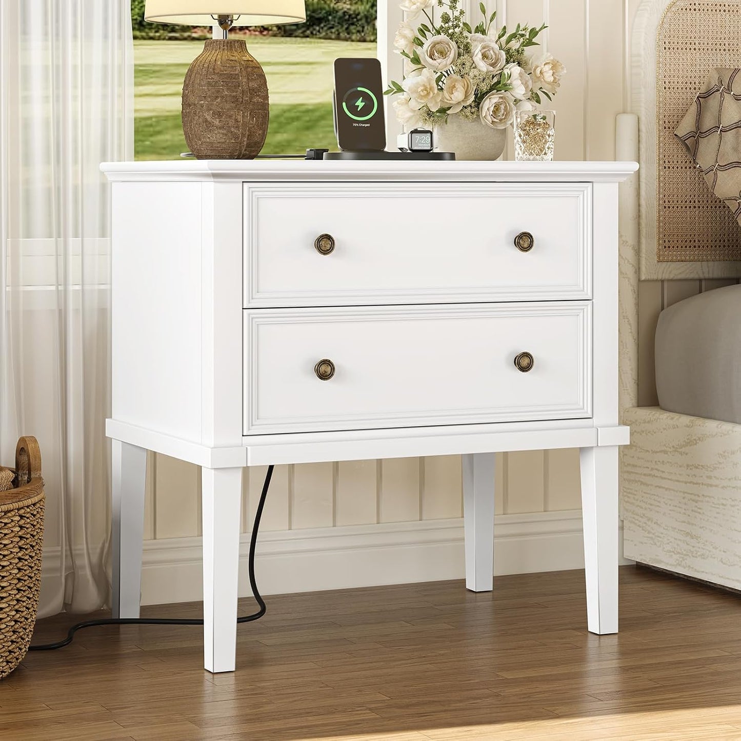 Solid Wood 2-Drawer Nightstand with Charging Station – Teak Farmhouse Bedside Table