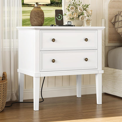 Solid Wood 2-Drawer Nightstand with Charging Station – Teak Farmhouse Bedside Table