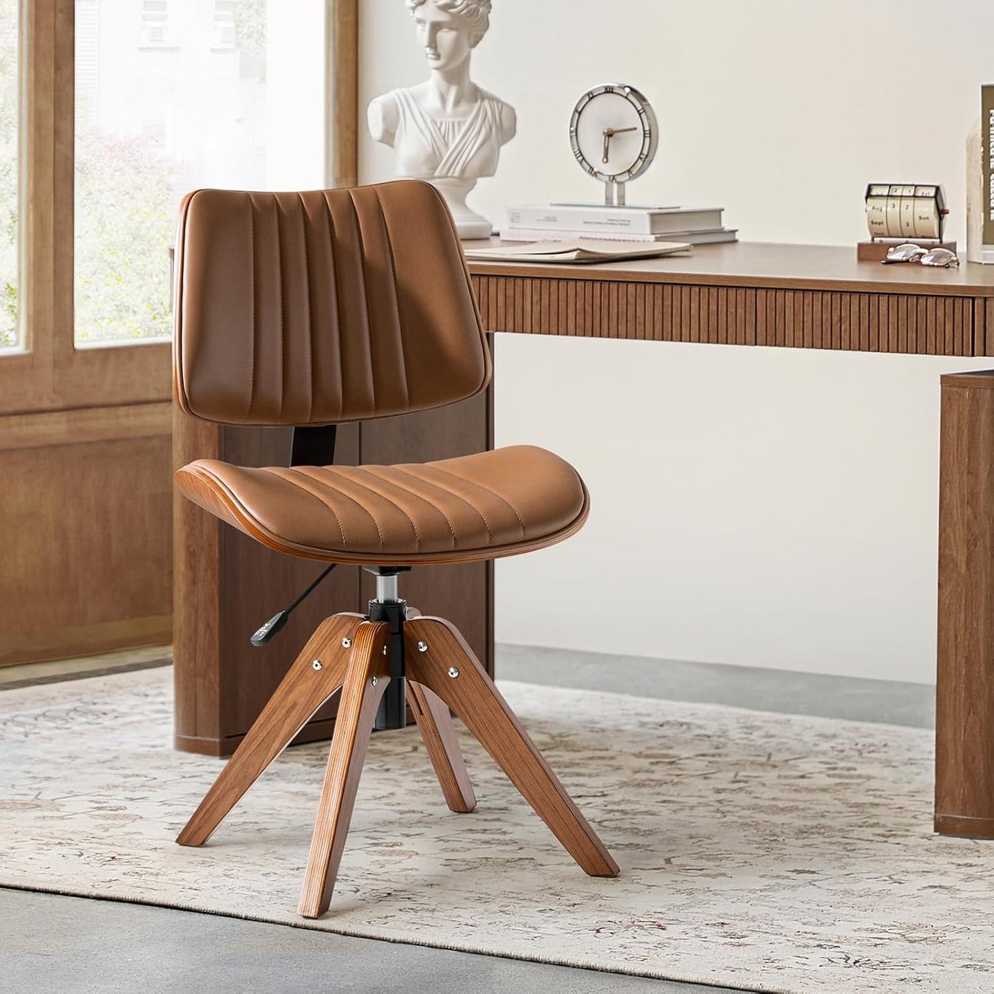 Sage Faux Leather Swivel Desk Chair Adjustable Height Wood Legs Mid Century