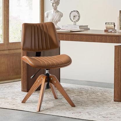 Sage Faux Leather Swivel Desk Chair Adjustable Height Wood Legs Mid Century