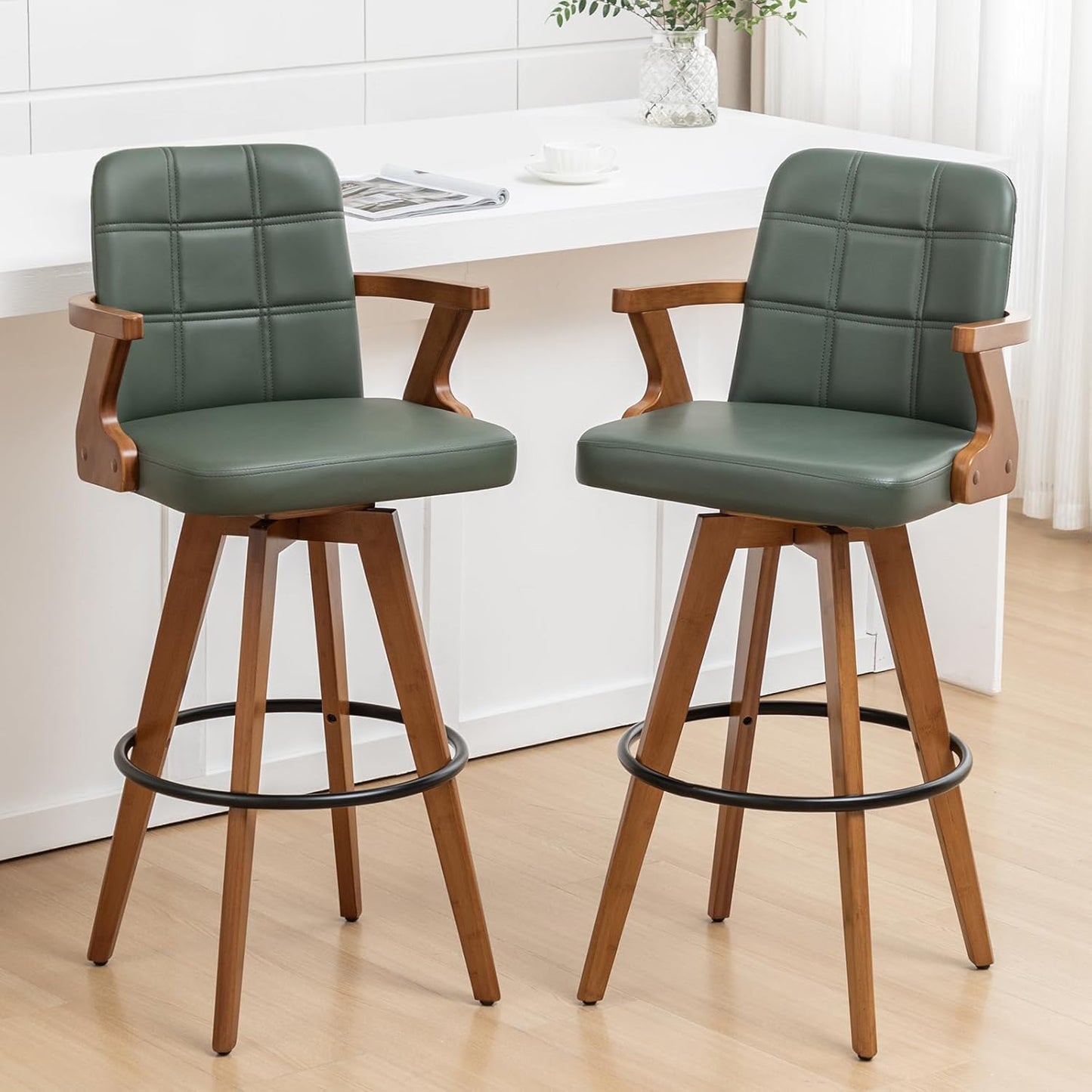 Walnut Black Swivel Counter Stool with Arms Mid Century Upholstered Bar Chair