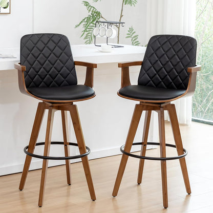 Walnut Swivel Bar Stool with Arms Beige Faux Leather Mid Century Chair