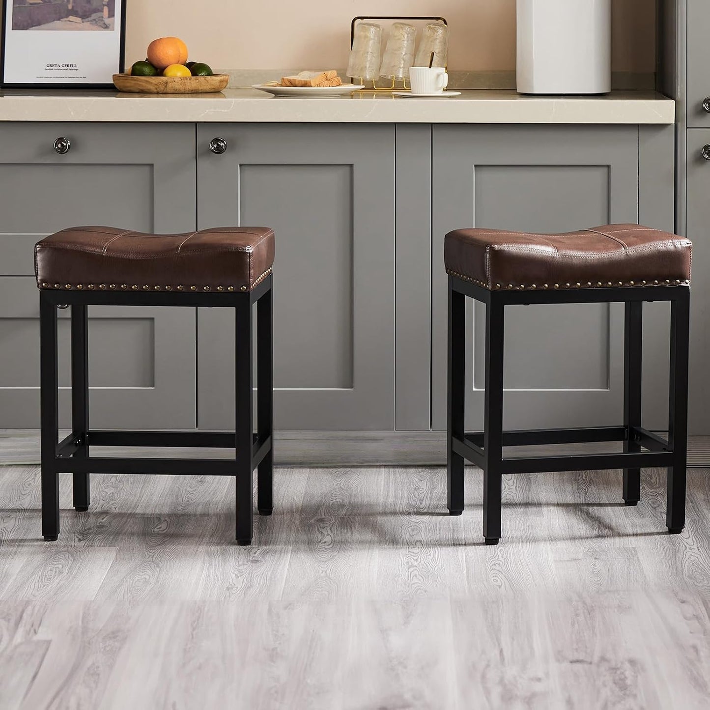 24 Inch Grey Counter Stools Set of 2 Upholstered Saddle Bar Chairs