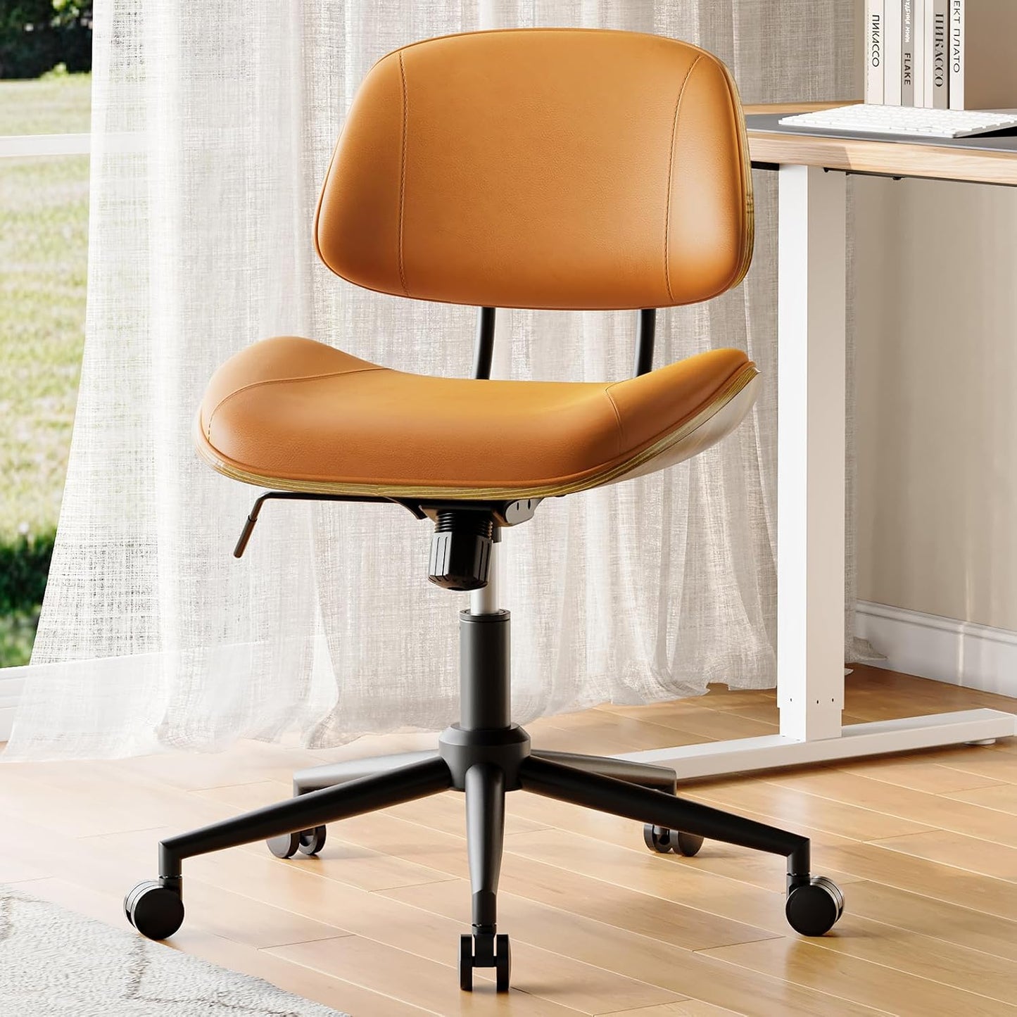 Black PU Leather Office Chair Armless Swivel Desk Chair with Walnut Back and Wheels