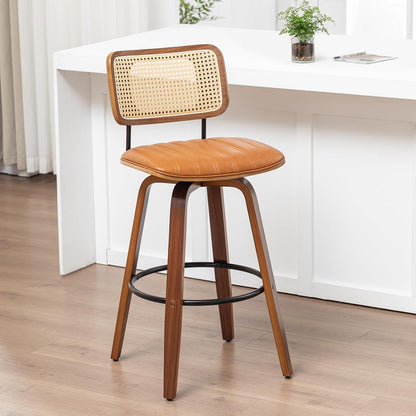 Walnut Rattan Counter Stool with Cane Back Grey Fabric Seat 26 Inch