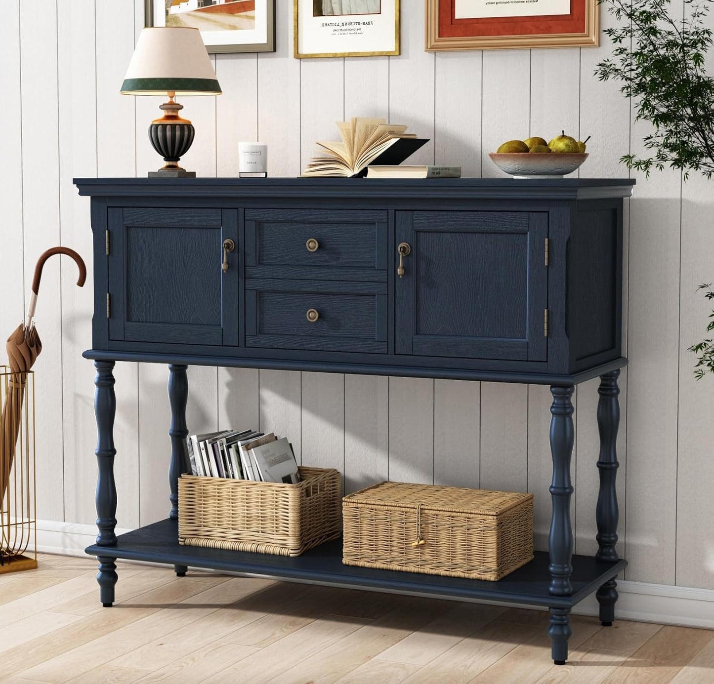 Vintage Green Console Table with 2 Drawers Cabinets and Open Storage Shelf