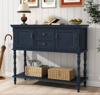 Vintage Green Console Table with 2 Drawers Cabinets and Open Storage Shelf