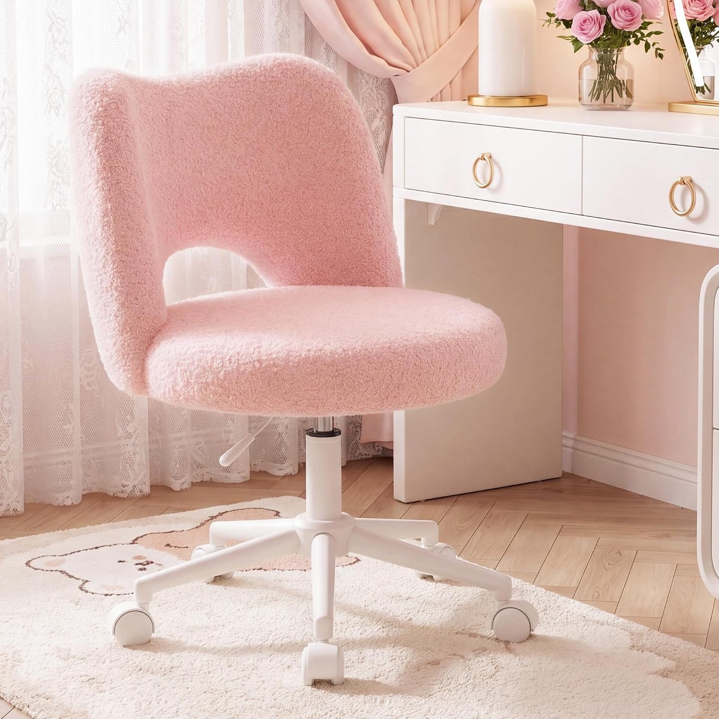 White Teddy Vanity Chair Armless Adjustable Swivel Desk Chair with Wheels