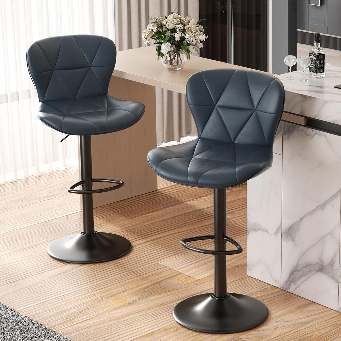 Black Swivel Bar Stools Set of 2 Adjustable Faux Leather Kitchen Chairs