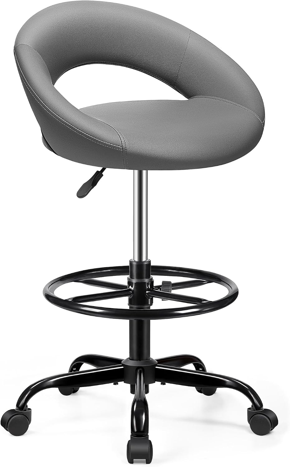 Adjustable Drafting Chair Black Faux Leather Swivel Counter Stool with Wheels