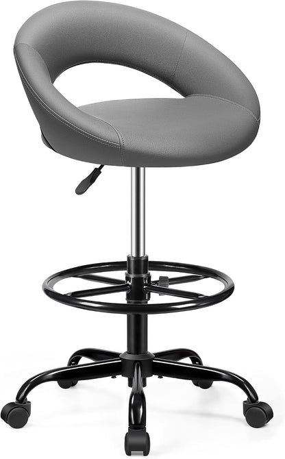 Adjustable Drafting Chair Black Faux Leather Swivel Counter Stool with Wheels