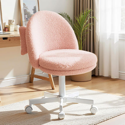 Pink Velvet Vanity Chair Adjustable Swivel Rolling Desk Chair with Lumbar Pillow