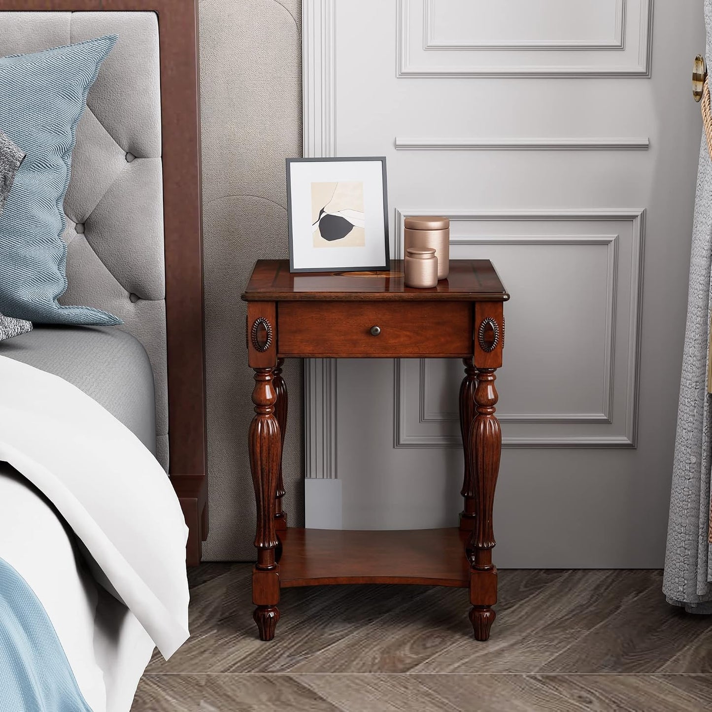 Solid Wood Oval End Table Cherry Walnut with Drawer and Storage Shelf