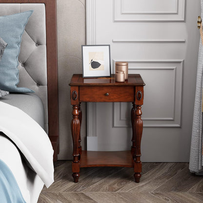Solid Wood Oval End Table Cherry Walnut with Drawer and Storage Shelf