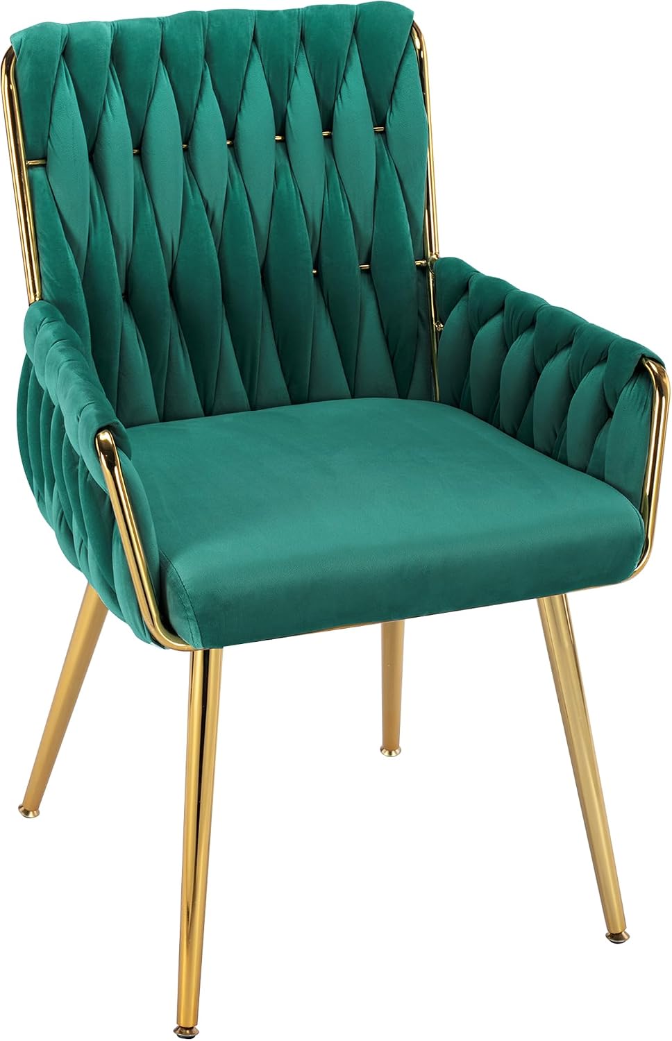 Beige Velvet Accent Chair Hand Woven Upholstered Armchair with Gold Metal Legs