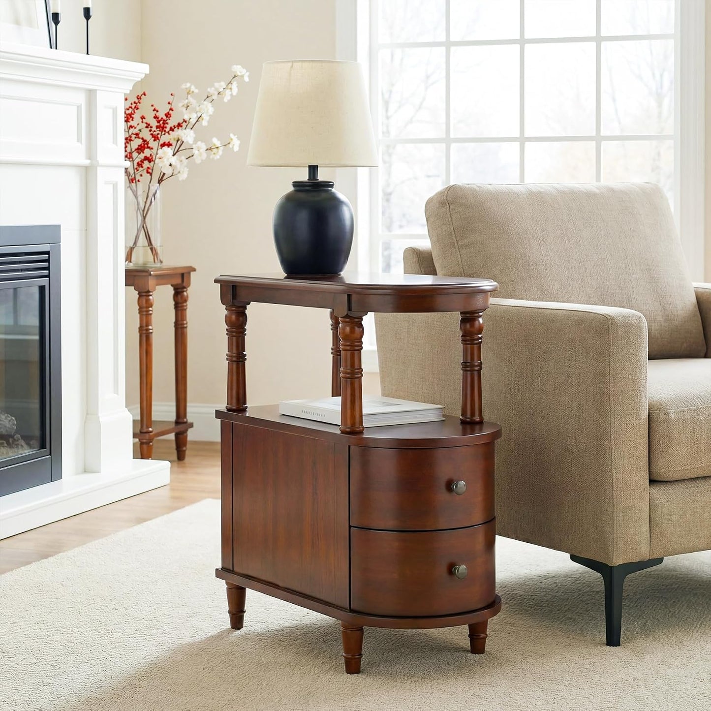Solid Wood Narrow End Table with Drawers White Slim Bedside Nightstand