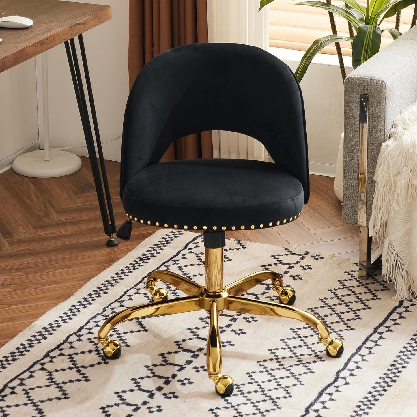 Navy Blue Velvet Office Chair Gold Swivel Rolling Vanity Desk Chair