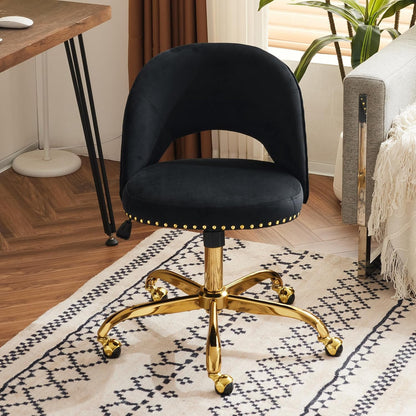 Navy Blue Velvet Office Chair Gold Swivel Rolling Vanity Desk Chair