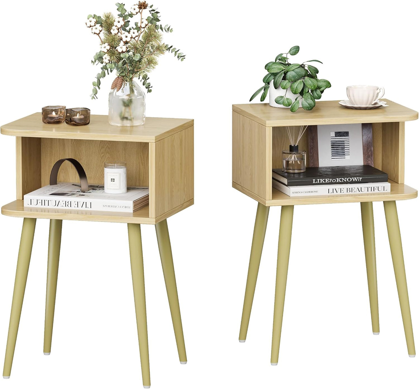 Mid-Century Modern Walnut Brown Nightstand Set of 2 with Open Storage