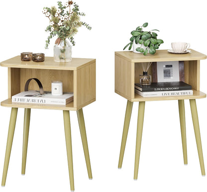 Mid-Century Modern Walnut Brown Nightstand Set of 2 with Open Storage