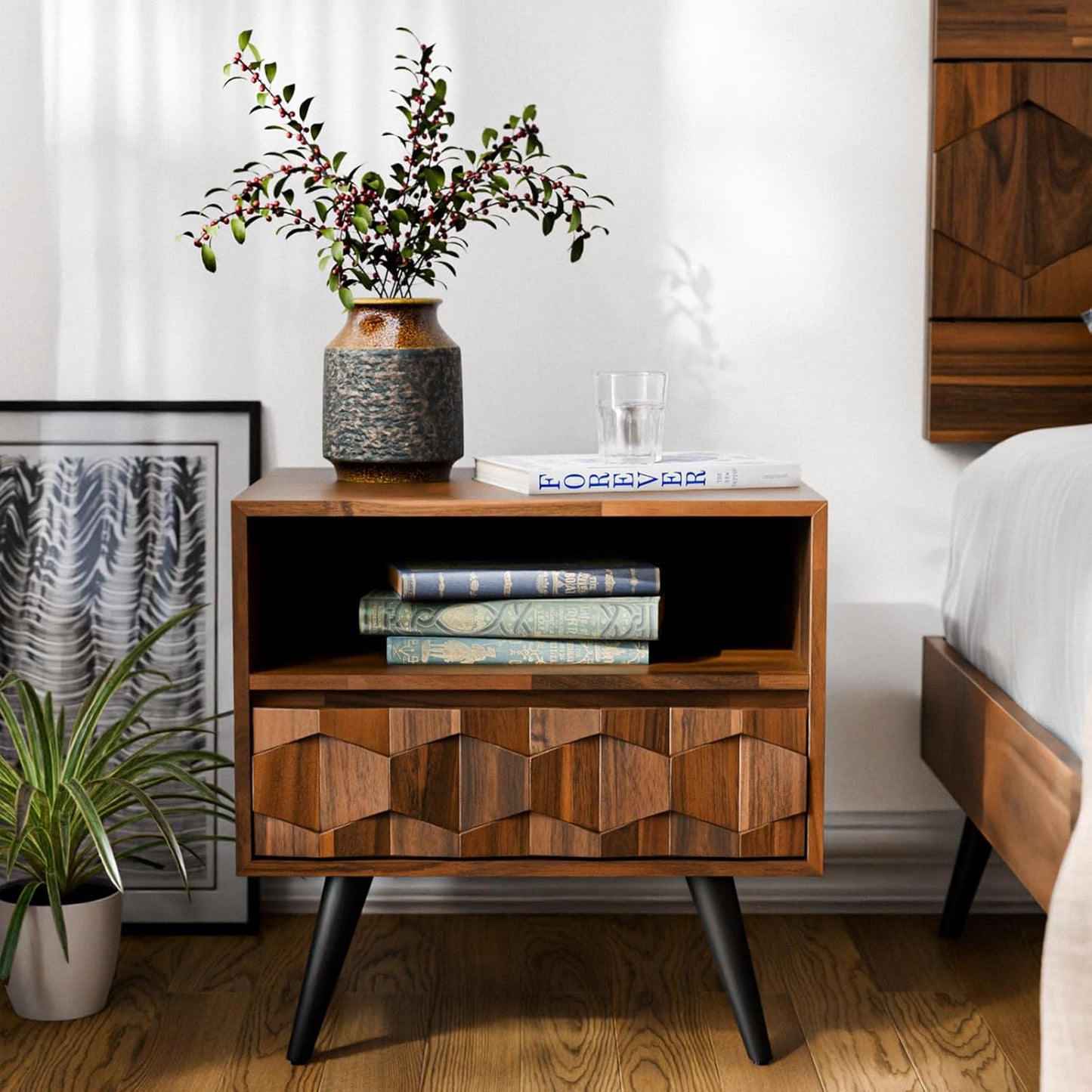 Solid Acacia Wood Geometric Nightstand with Drawer & Open Shelf