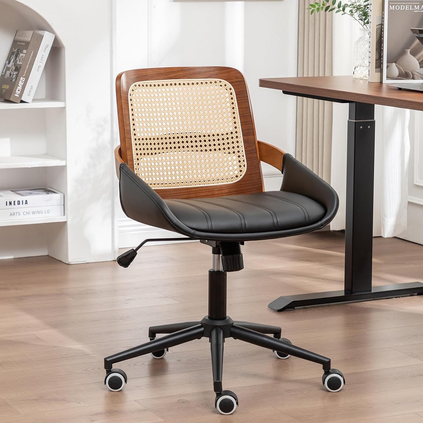 Walnut Rattan Office Chair Green Faux Leather Swivel Rolling Desk Chair