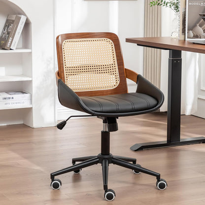 Walnut Rattan Office Chair Green Faux Leather Swivel Rolling Desk Chair