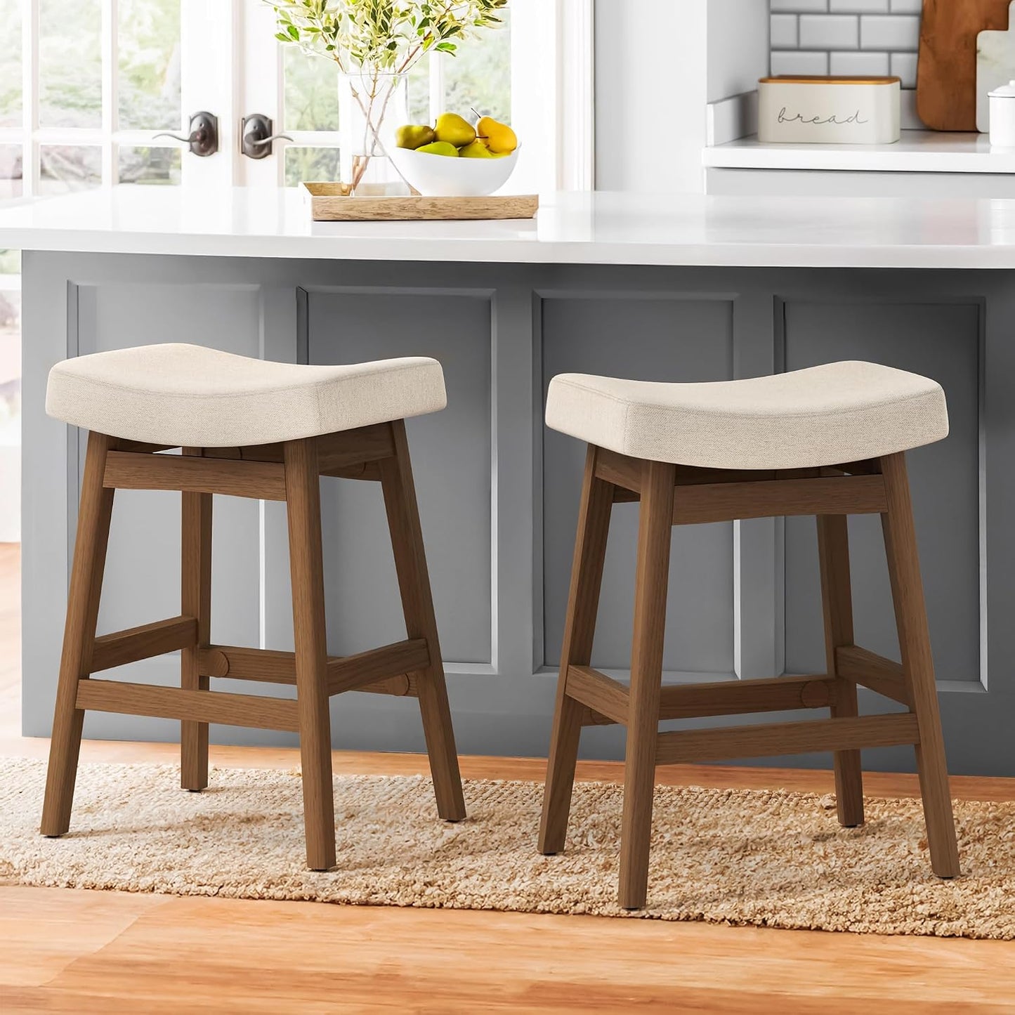 24 Inch Counter Height Bar Stools Set of 2 Antique White Saddle Seats