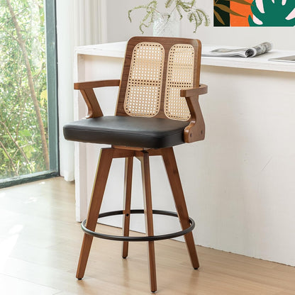 Walnut Rattan Swivel Counter Stool with Arms Green Upholstered Seat