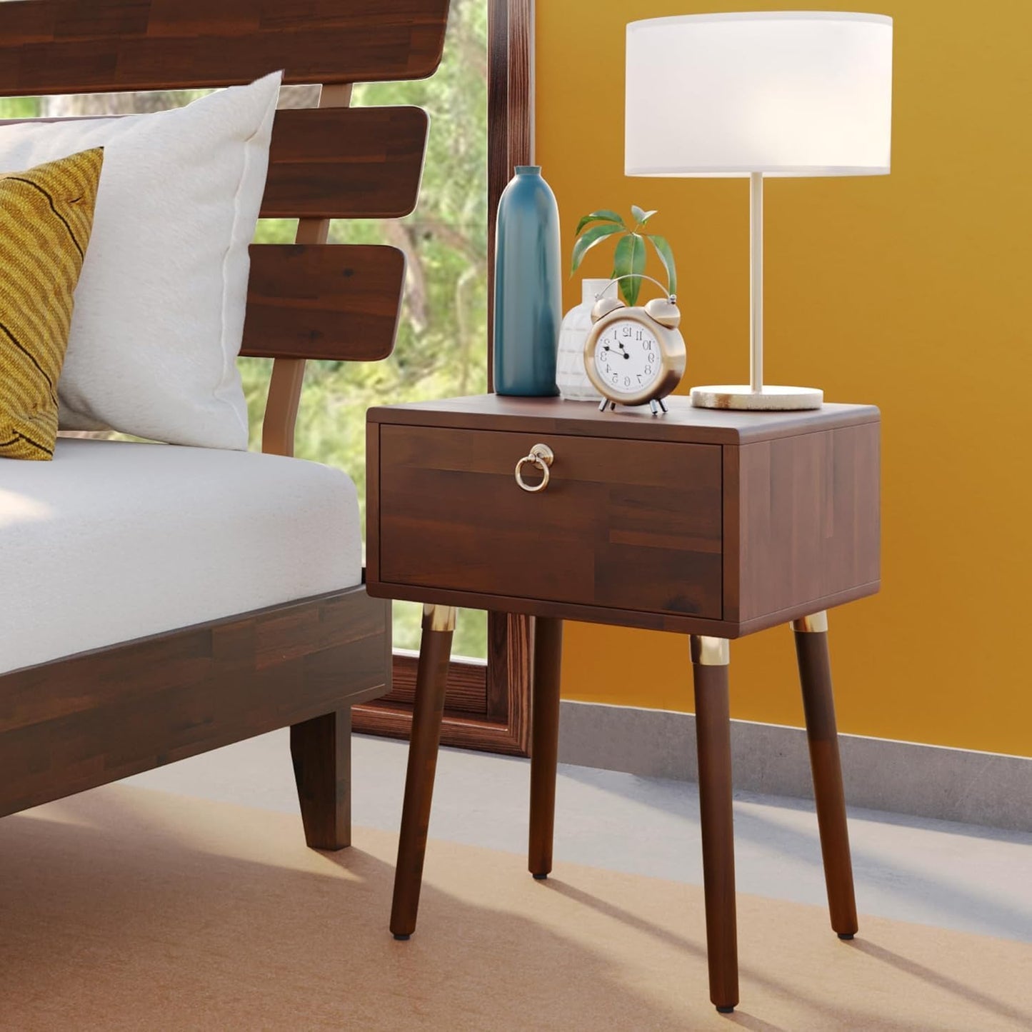 Solid Acacia Wood Nightstand with Drawer – Caramel Mid-Century Side Table