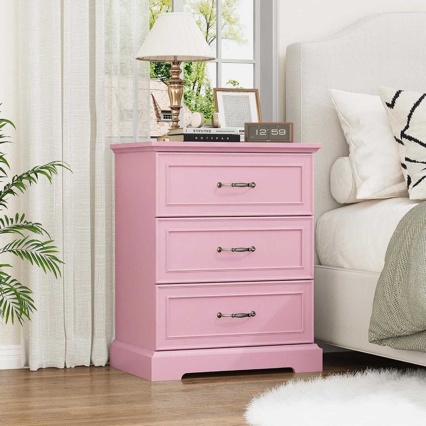 White Farmhouse Nightstand with 3 Drawers Wide Bedside Storage Table