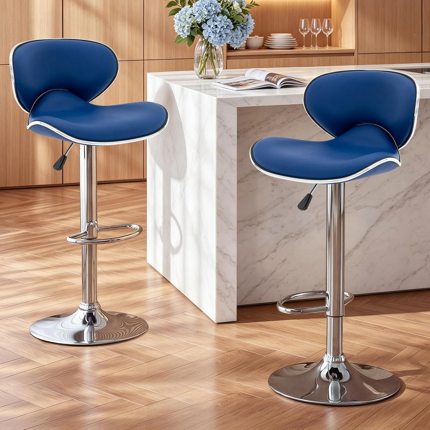 Blue Adjustable Bar Stools Set of 2 Modern Swivel Faux Leather Counter Chairs