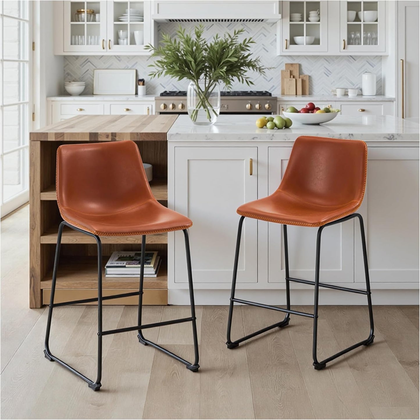 Brown Counter Height Bar Stools Set of 2 Upholstered Kitchen Chairs