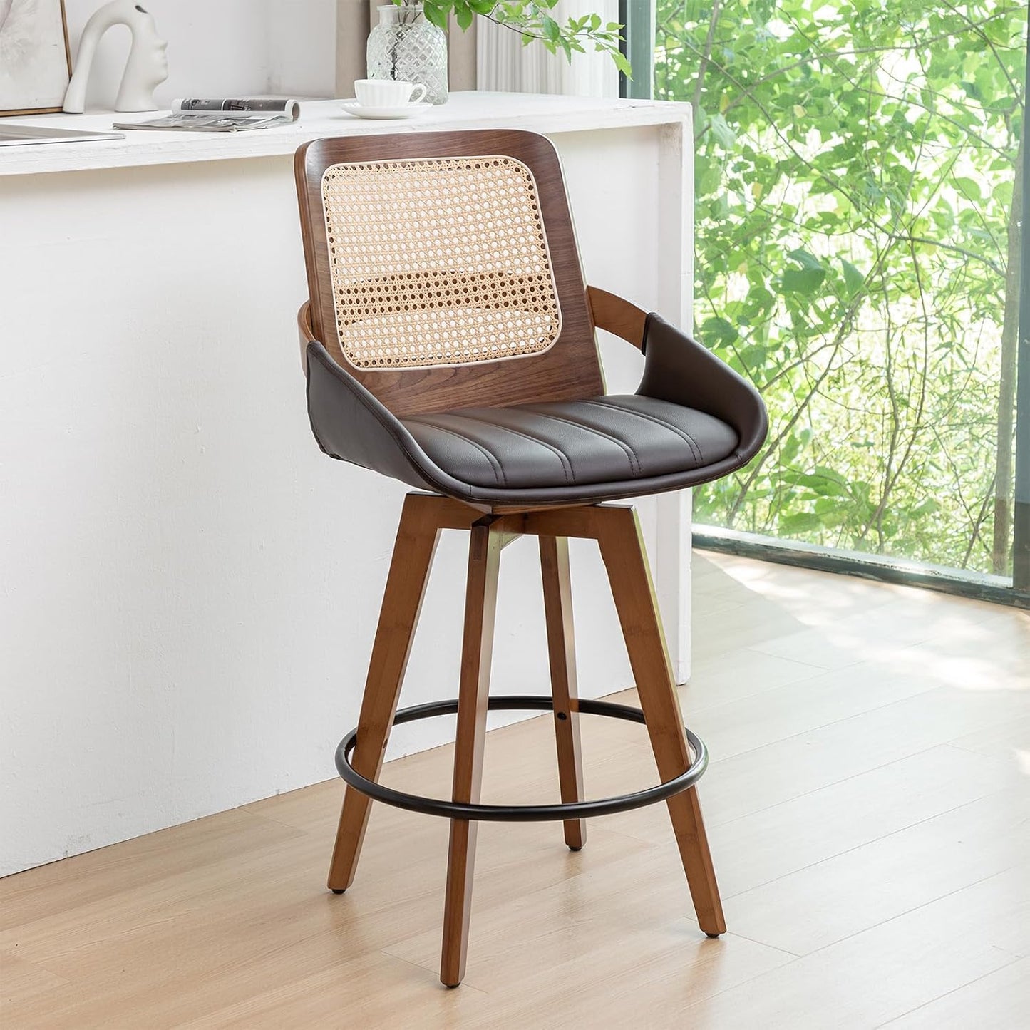 Walnut Cane Swivel Counter Stool with Arms Black Faux Leather Seat