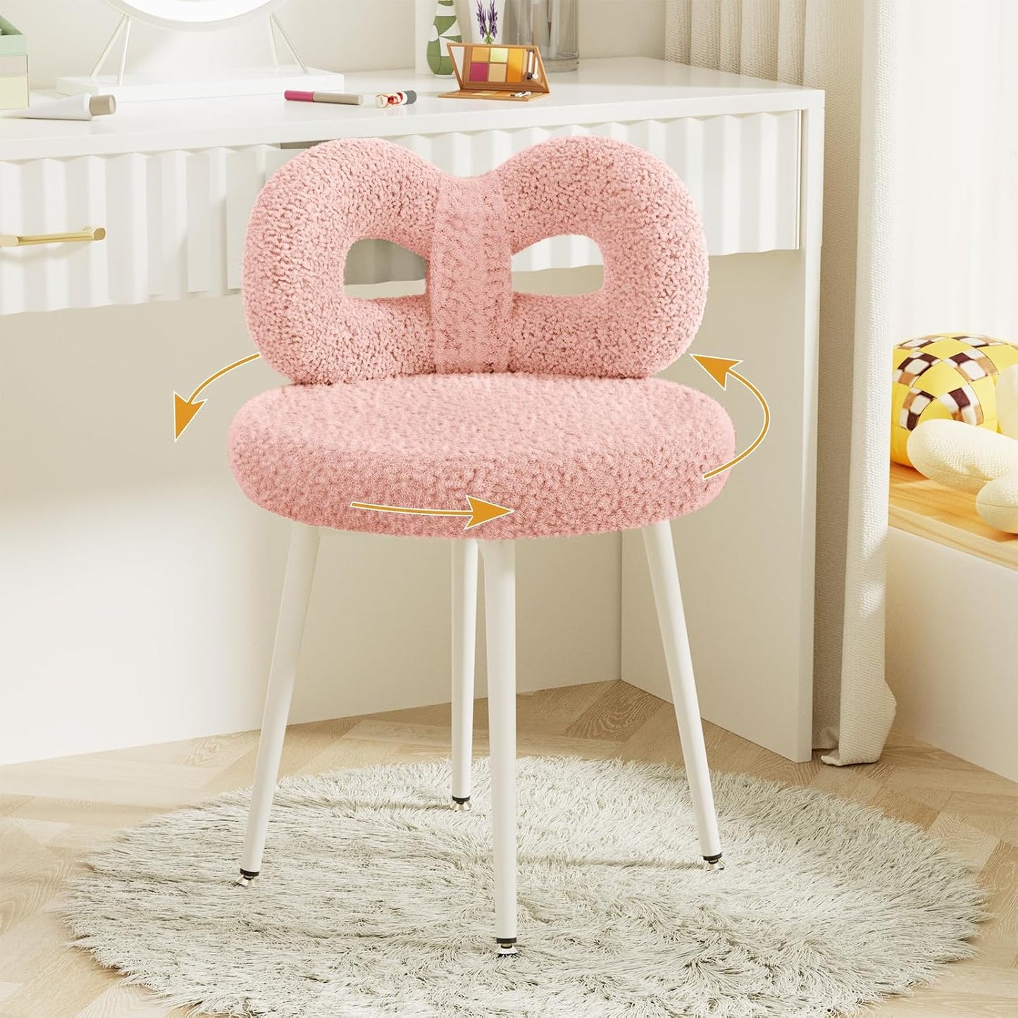 Pink Bow Vanity Chair Swivel Upholstered Makeup Chair with Metal Legs