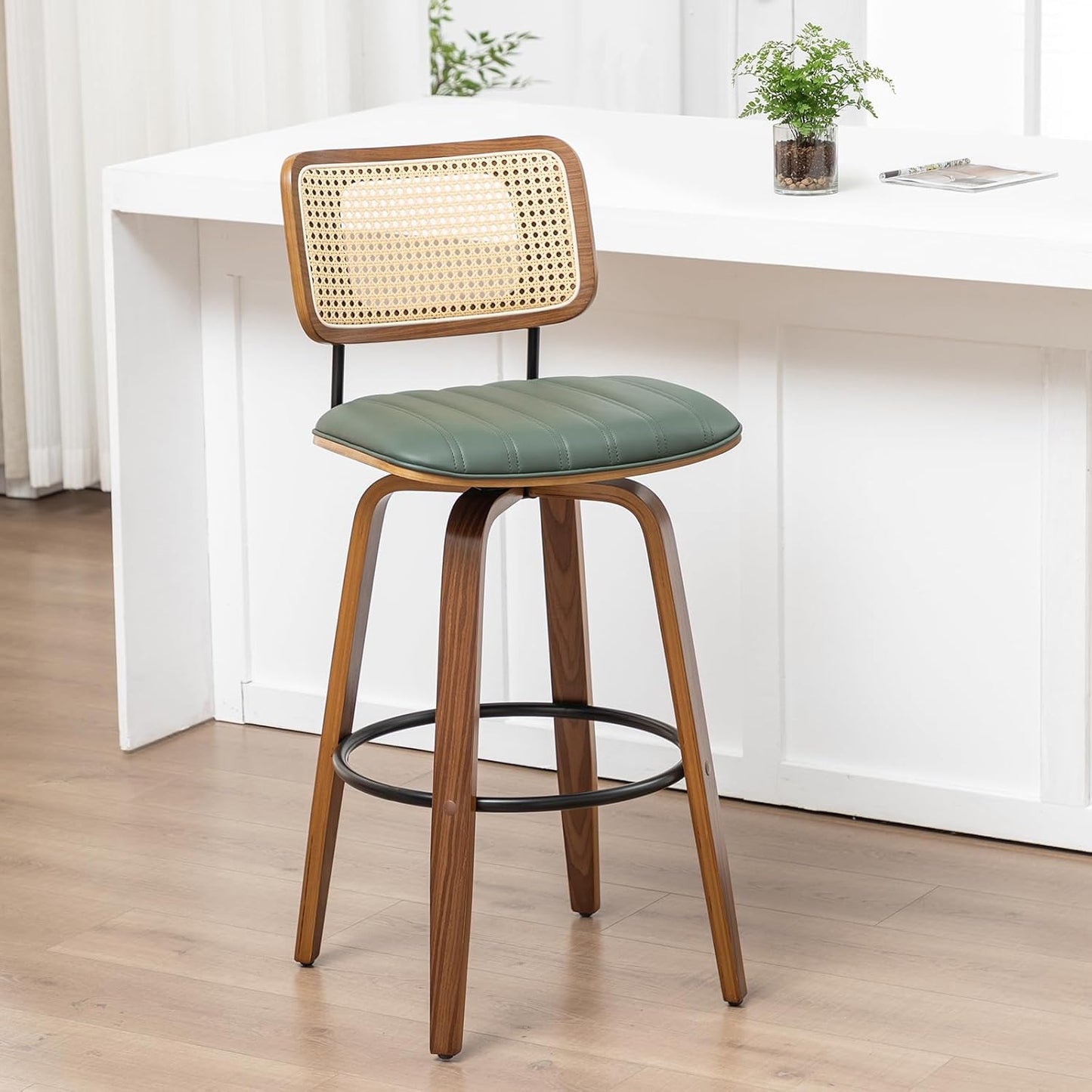 Walnut Rattan Swivel Bar Stool Cane Back Beige Faux Leather 30 Inch
