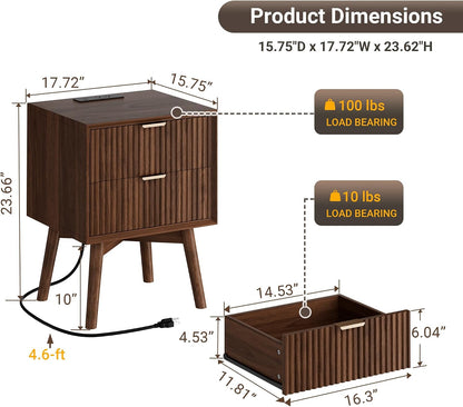 Modern Fluted Nightstand with Charging Station & 2 Drawers
