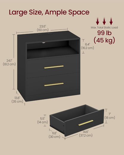 Modern Misty Gray Nightstand with LED Lights & Charging Station – 2-Drawer Bedside Table