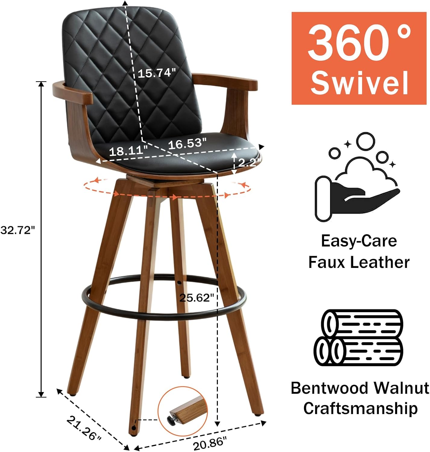 Walnut Swivel Bar Stool with Arms Beige Faux Leather Mid Century Chair